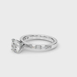Silver Round Solitaire Diamond Ring with Channel-Set Baguette Band and Four-Prong Setting