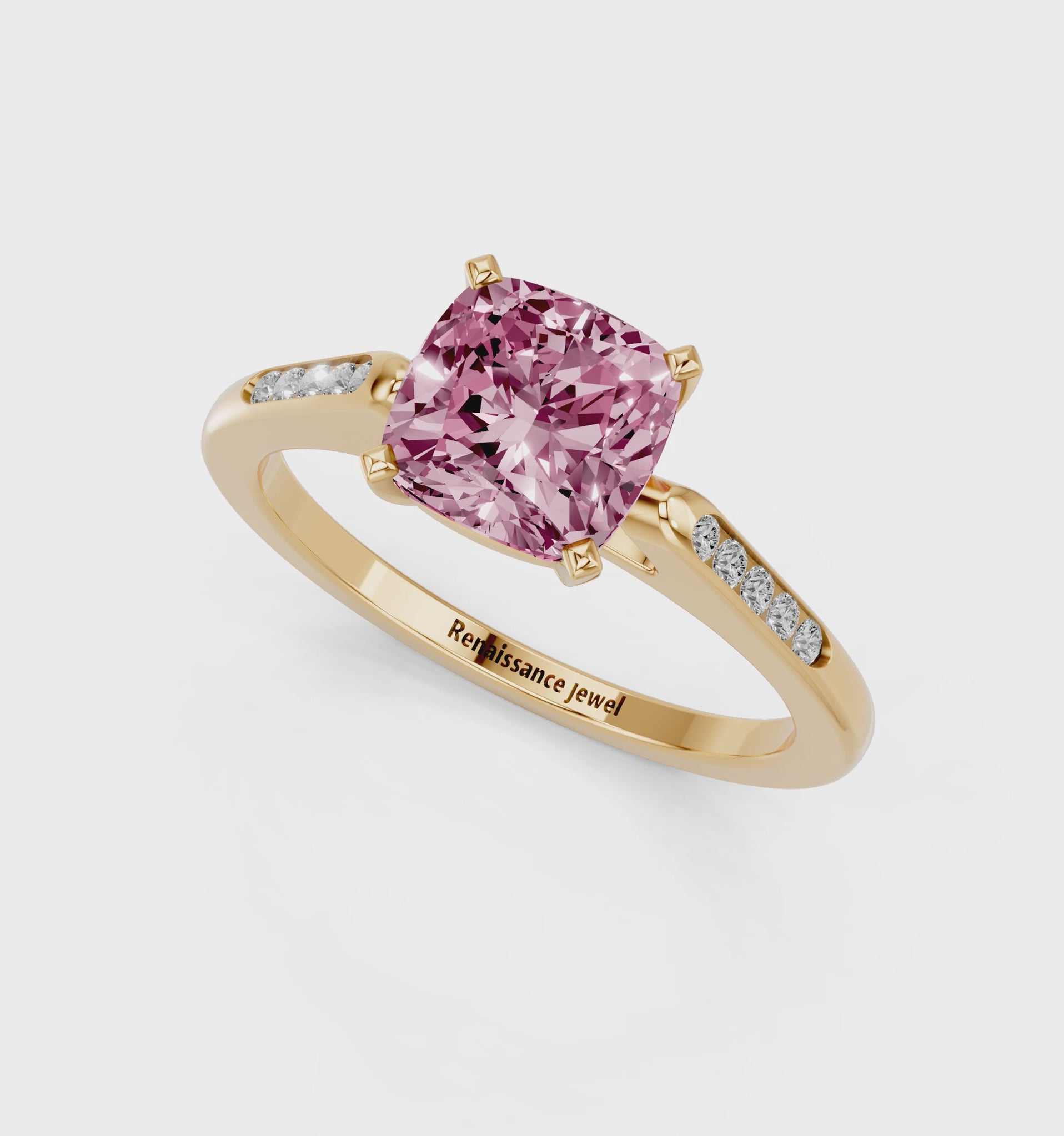 Yellow gold Fancy Pink Cushion  Cut Channel Set Solitaire Engagement Ring with Four-Prong Setting_58