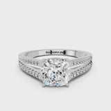 Silver Cushion Cut Diamond Solitaire Engagement Ring with Split Shank Pavé Band