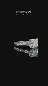 Silver Asscher Cut Diamond Cathedral Solitaire Ring with Round with Moissanite side stone Pavé Band