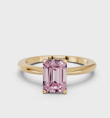 Yellow gold Fancy Pink Emerald Cut Diamond Solitaire Ring with Six-Prong Setting and Classic Band