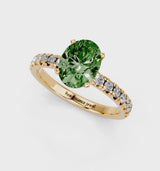 Yellow gold Fancy Green Oval  Solitaire Pave Diamond Engagement Ring with Four-Prong Setting