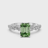 Silver Fancy Green Emerald Cut Solitaire Diamond Ring with Pave Band and Four-Prong Setting