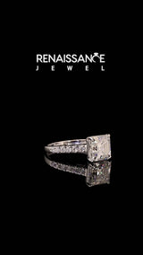 Silver Asscher Cut Diamond Cathedral Solitaire Ring with Round with Moissanite side stone Pavé Band