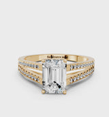 Yellow gold Emerald Cut Diamond Solitaire Engagement Ring with Split Shank Pavé Band