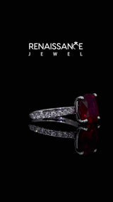 Silver Cushion Cut Ruby Pave Band Solitaire Ring with Round  and Prong Setting