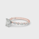 Rose gold Radiant Cut Diamond Ring with Marquise and Round  Side Stones and Four-Prong Setting