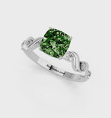 Platinum Fancy Green Cushion  Solitaire Twisted Band with Prong Setting