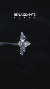 Silver Three-Stone Pear Cut Diamond Pavé Band with Four-Prong Setting
