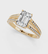 Yellow gold Emerald Cut Diamond Solitaire Engagement Ring with Split Shank Pavé Band