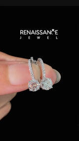 Silver Round Diamond Hidden Halo Drop Earrings
