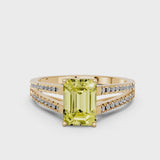 Yellow gold Fancy Yellow Emerald Cut Diamond Solitaire Engagement Ring with Split Shank Pavé Band