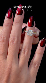 Yellow gold Cushion Cut Diamond Solitaire Ring with Round  Pavé Band and Four-Prong Setting
