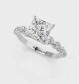 White gold Princess Cut Solitaire Diamond Ring with Pave Band and Four-Prong Setting