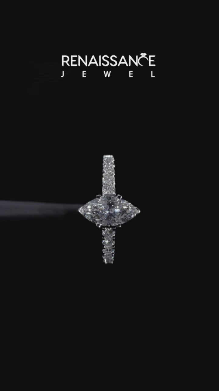 White gold Marquise Cut Diamond Solitaire with Pave Band and Four-Prong Setting 5