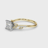 Yellow gold Princess Solitaire Leaf-Inspired Diamond Ring with Pavé Band and Four-Prong Setting