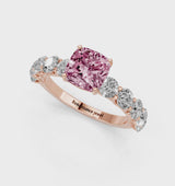 Rose gold Fancy Pink Cushion Cut Diamond Prong Setting with Side Stones on a Pave Band