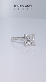 Platinum Asscher Cut Diamond Pavé Band Solitaire Ring with Prong Setting