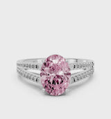 Silver Fancy Pink Oval Cut Diamond Solitaire Engagement Ring with Split Shank Pavé Band