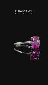 Silver Oval Cut Pink Sapphire Solitaire Engagement Ring with Classic Band and Four-Prong Setting