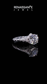 Silver Round Cut Diamond Solitaire Ring with Hidden Halo and Pavé Band