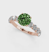Rose gold Fancy Green Round Cut Diamond Prong Setting with Side Stones on a Pave Band