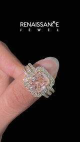 Yellow gold Fancy Pink Cushion Cut Halo Diamond Ring with Round  Split Shank and Prong Setting