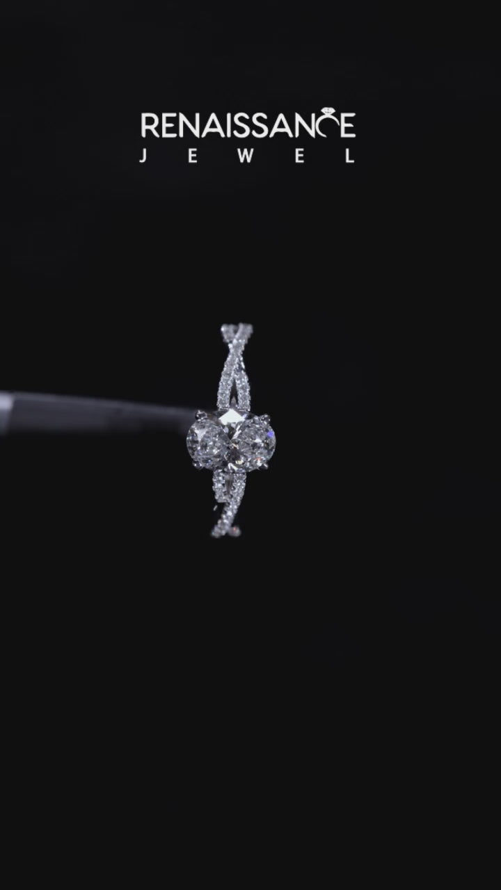 Silver Oval Solitaire Twisted Pave Diamond Engagement Ring with Four-Prong Setting 5