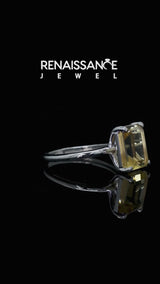 Silver Emerald Cut Citrine Solitaire Engagement Ring with Round Band and Four-Prong Setting