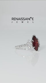 Silver Three-Stone Marquise Cut Garnet Ring with Round  Pavé Band and Prong Setting