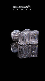 Silver Emerald Cut Diamond Stud Earrings