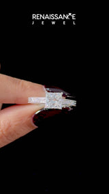 Silver Emerald Cut Diamond Engagement Ring with Milgrain Channel Set Band and Prong Setting
