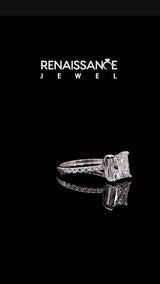 Silver Princess Cut Moissanite Solitaire Ring with Round  Pavé Band and Prong Setting