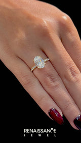Yellow gold Oval Cut Diamond Solitaire Ring with Round  Pavé Band and Prong Setting