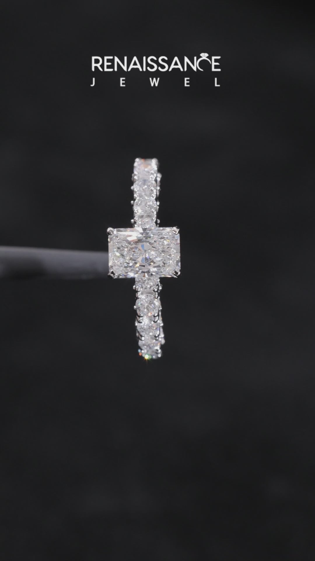 White gold Radiant Diamond Pavé Band Solitaire Ring with Four-Prong Setting_34