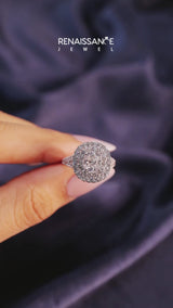 Silver Asscher Cut Diamond Double Halo Ring with Pavé Band and Prong Setting