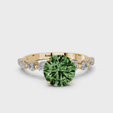 Yellow gold Fancy Green Round Cut Solitaire Diamond Ring with Pave Band and Four-Prong Setting