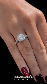Silver Cushion Halo Pave Band Prong Setting Ring