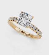 Yellow gold Cushion Solitaire Pave Diamond Engagement Ring with Four-Prong Setting