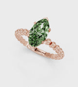 Rose gold Fancy Green Marquise Cut Diamond Solitaire Ring with Beaded Band and Prong Setting