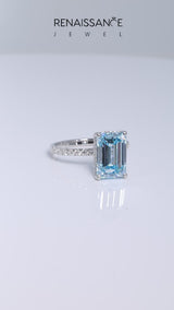 Platinum Fancy Blue Emerald Cut Diamond Pave Band Solitaire Ring with Round  and Prong Setting