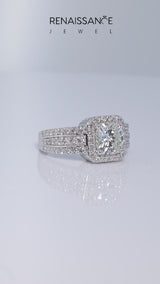 Platinum Asscher Cut Halo Diamond Ring with Round  Split Shank and Prong Setting