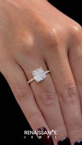 Yellow gold Cushion Cut Diamond Solitaire Ring with Round  Pavé Band and Four-Prong Setting