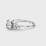 Silver Round Diamond Floral Cluster Ring with Marquise Side Stones and Six-Prong Solitaire Setting