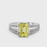 Platinum Fancy Yellow Emerald Cut Diamond Solitaire Engagement Ring with Split Shank Pavé Band