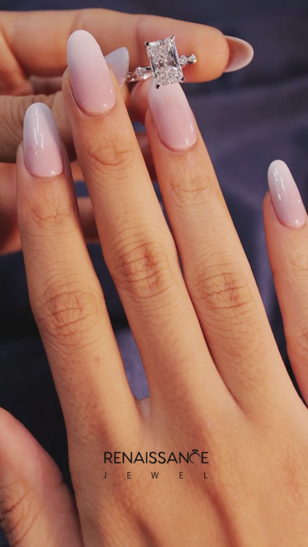 White gold Radiant Solitaire Diamond Ring with Bezel Set Side Stones and Prong Setting 7