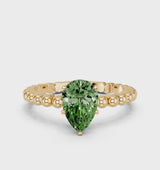 Yellow gold Fancy Green Pear Cut Diamond Solitaire Ring with Beaded Band and Prong Setting