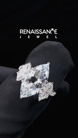 Silver Three-Stone Marquise Cut Aquamarine Ring with Round  Pavé Band and Prong Setting