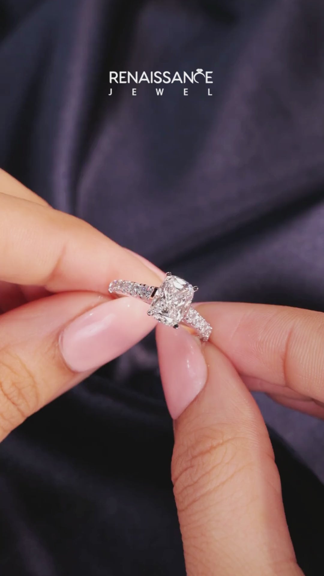 White gold Cushion Cut Diamond Solitaire with Pave Band and Four-Prong Setting 7