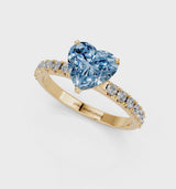 Yellow gold Fancy Blue Heart Cut Diamond Solitaire Pavé Band with Four-Prong Setting